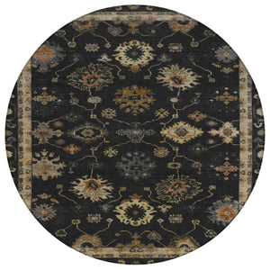 HomeRoots 8' Black and Gold Round Floral Area Rug - Washable, Durable, Stylish for Indoor and Outdoor Use 630089