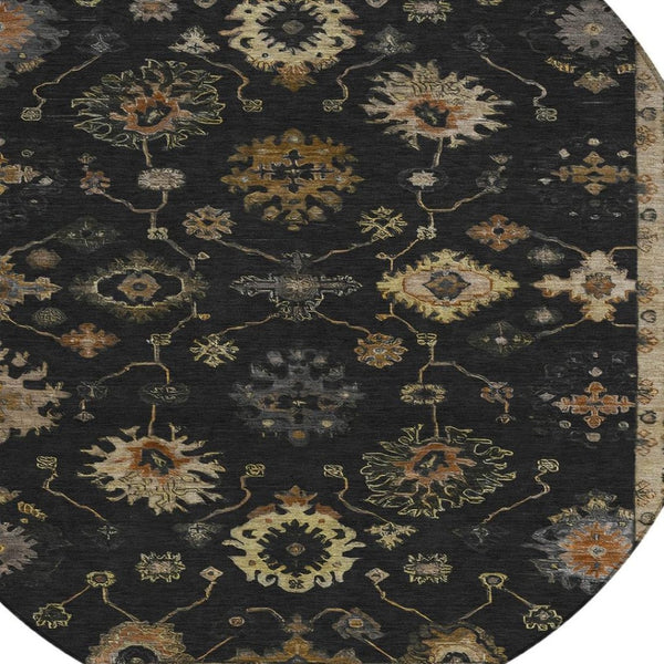 HomeRoots 8' Black and Gold Round Floral Area Rug - Washable, Durable, Stylish for Indoor and Outdoor Use 630089