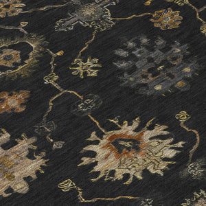HomeRoots 8' Black and Gold Round Floral Area Rug - Washable, Durable, Stylish for Indoor and Outdoor Use 630089