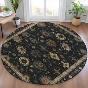 HomeRoots 8' Black and Gold Round Floral Area Rug - Washable, Durable, Stylish for Indoor and Outdoor Use 630089
