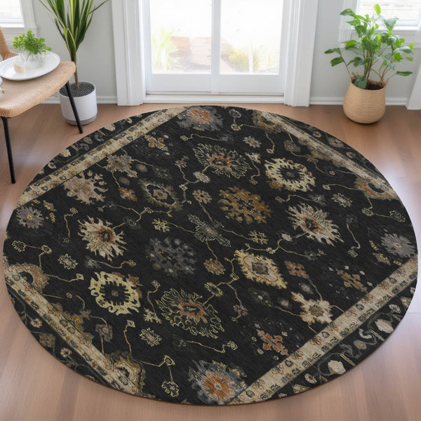 HomeRoots 8' Black and Gold Round Floral Area Rug - Washable, Durable, Stylish for Indoor and Outdoor Use 630089
