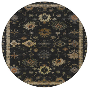 HomeRoots 8' Black and Gold Round Floral Area Rug - Washable, Durable, Stylish for Indoor and Outdoor Use 630089