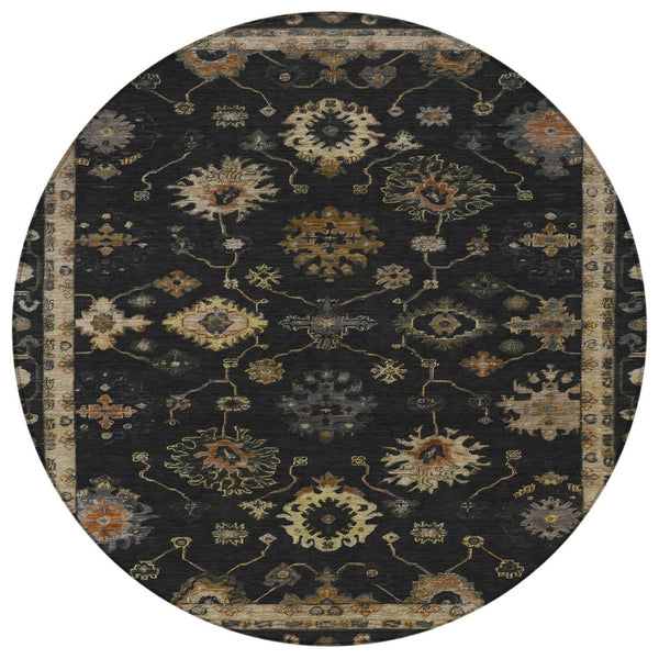 HomeRoots 8' Black and Gold Round Floral Area Rug - Washable, Durable, Stylish for Indoor and Outdoor Use 630089