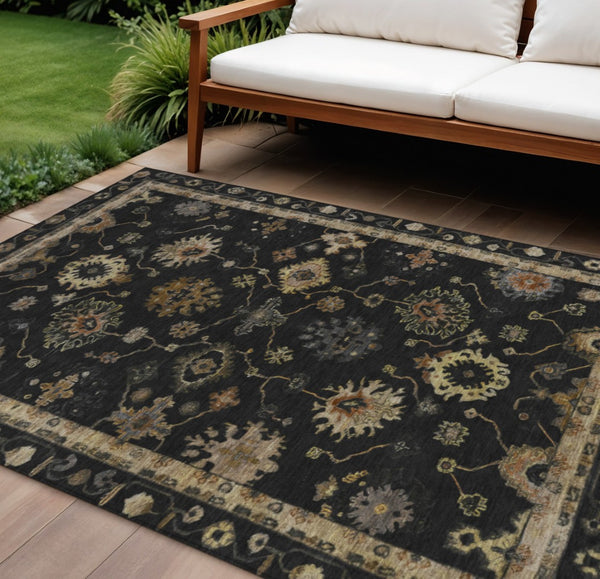 HomeRoots 8' X 10' Black And Gold Floral Rug - Stylish, Washable Indoor/Outdoor Area Rug for Versatile Spaces 630090