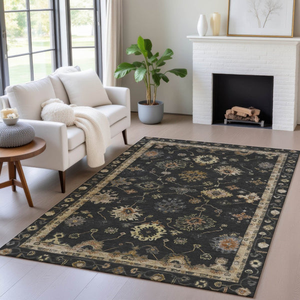 HomeRoots 8' X 10' Black And Gold Floral Rug - Stylish, Washable Indoor/Outdoor Area Rug for Versatile Spaces 630090