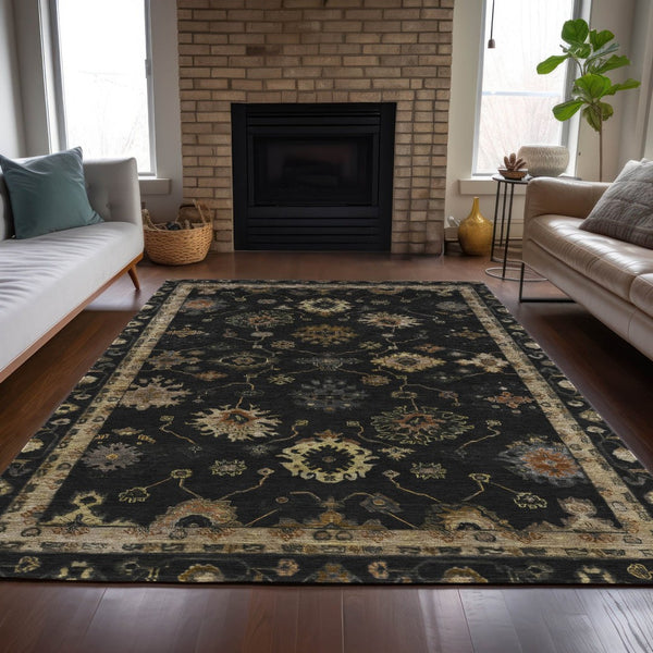HomeRoots 8' X 10' Black And Gold Floral Rug - Stylish, Washable Indoor/Outdoor Area Rug for Versatile Spaces 630090