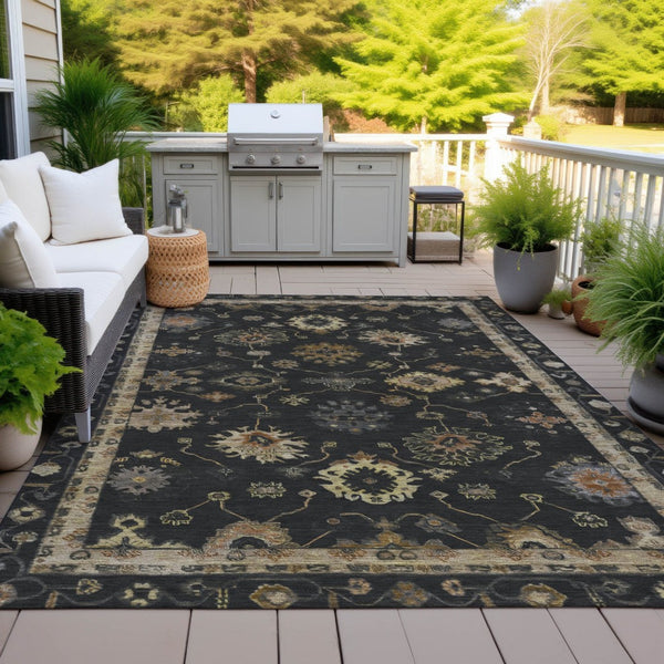 HomeRoots 9' X 12' Elegant Black and Gold Floral Washable Area Rug for Indoor/Outdoor Spaces – Durable & Chic! 630091