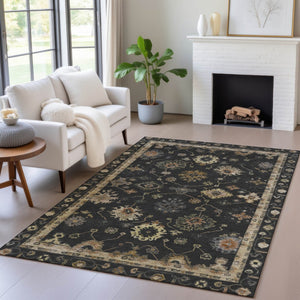 HomeRoots 9' X 12' Elegant Black and Gold Floral Washable Area Rug for Indoor/Outdoor Spaces – Durable & Chic! 630091