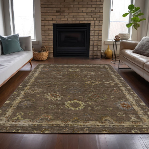 HomeRoots 5' X 8' Chocolate and Gold Floral Area Rug - Elegant, Washable Design for Indoor and Outdoor Use 630094