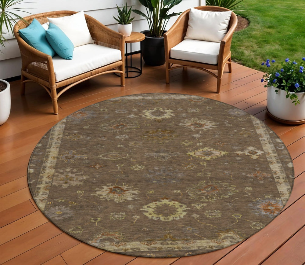 HomeRoots 8' Chocolate and Gold Floral Area Rug - Washable, Durable, Indoor/Outdoor Design for Any Space 630095