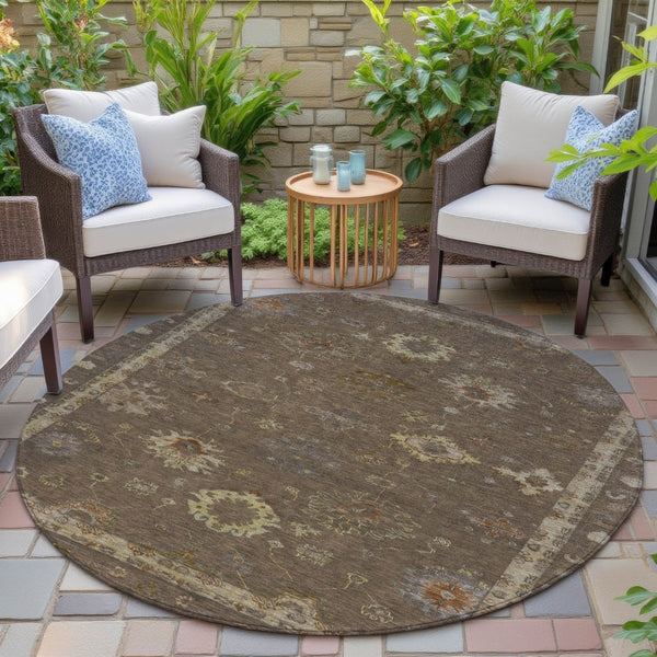 HomeRoots 8' Chocolate and Gold Floral Area Rug - Washable, Durable, Indoor/Outdoor Design for Any Space 630095
