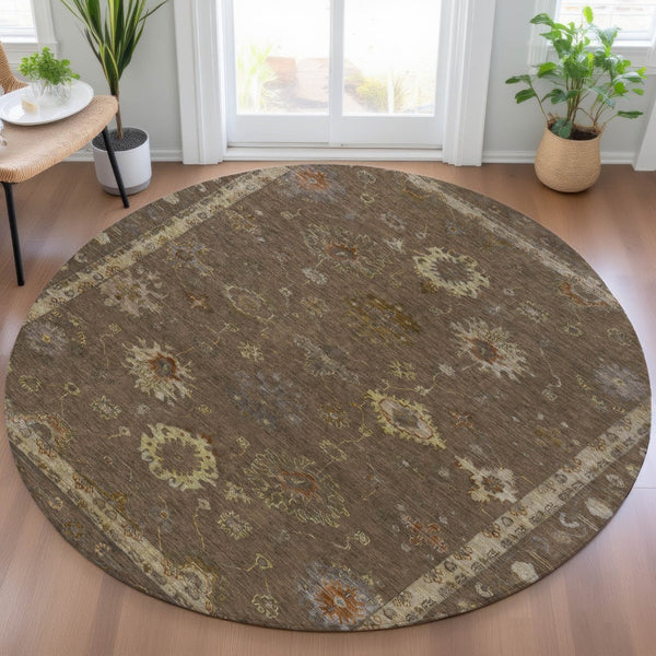 HomeRoots 8' Chocolate and Gold Floral Area Rug - Washable, Durable, Indoor/Outdoor Design for Any Space 630095
