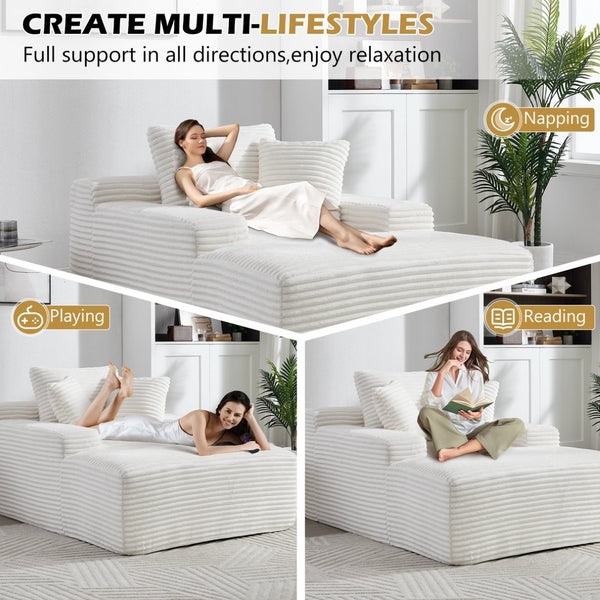 English Elm 67" Oversized Corduroy Chaise Lounge Sofa with Wide Armrests and Convertible Sleeper Design W1803P354563
