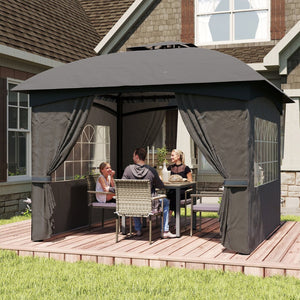 English Elm Outsunny 11x11 Steel Gazebo with Church Windows Two Tier Roof and Privacy Curtains W2225P485555