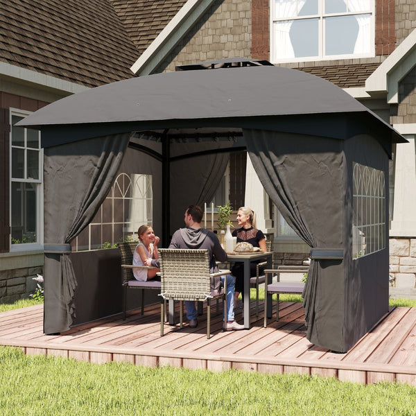 English Elm Outsunny 11x11 Steel Gazebo with Church Windows Two Tier Roof and Privacy Curtains W2225P485555