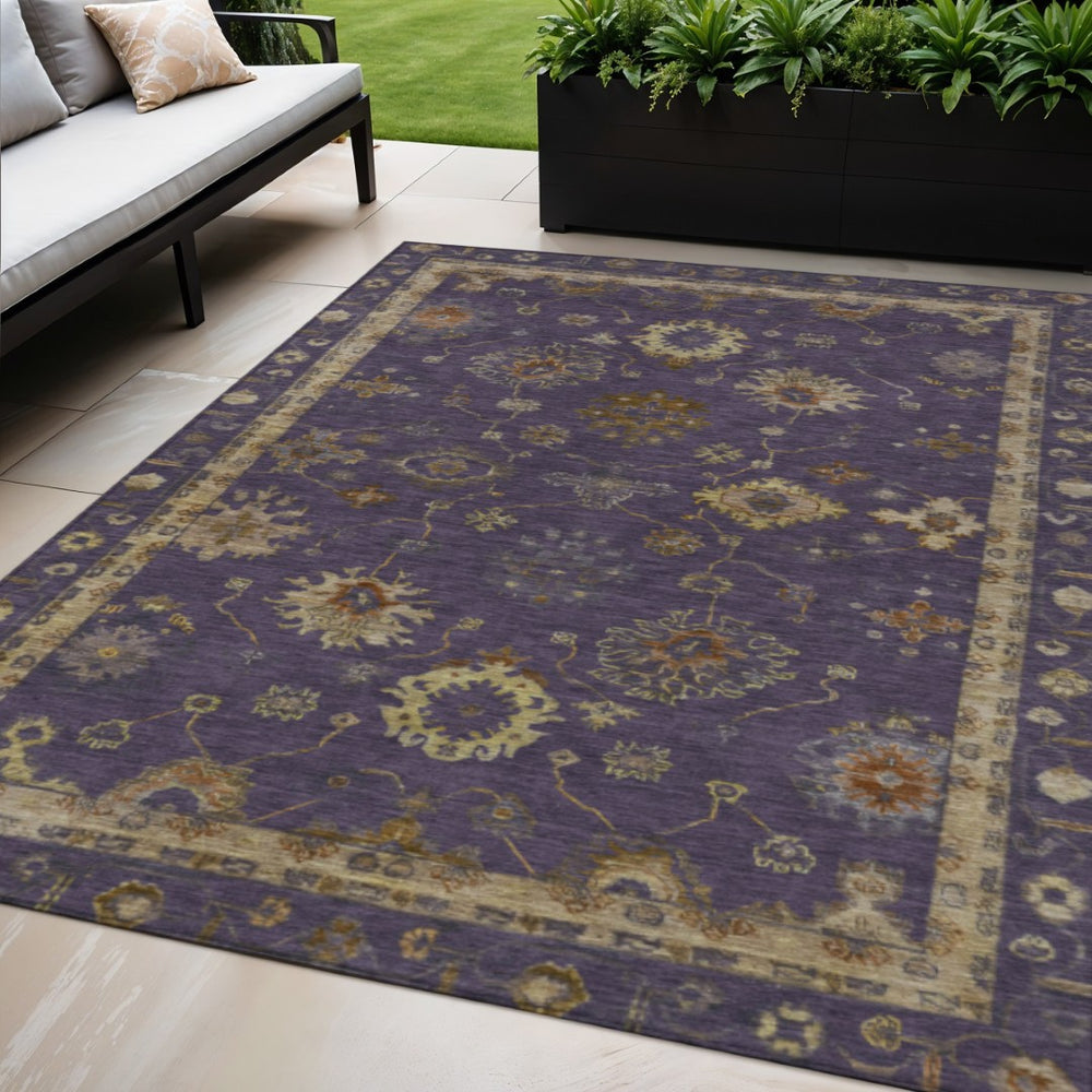 HomeRoots 5' Elegant Eggplant and Gold Floral Washable Area Rug - Stylish Indoor/Outdoor Décor for Every Space 630100
