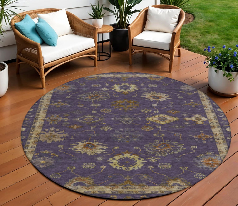 HomeRoots 8' Elegant Eggplant and Gold Floral Area Rug - Washable, Durable for Indoor & Outdoor Use, 96” Diameter 630101