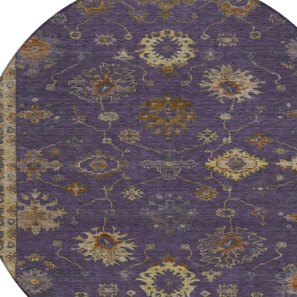 HomeRoots 8' Elegant Eggplant and Gold Floral Area Rug - Washable, Durable for Indoor & Outdoor Use, 96” Diameter 630101
