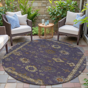 HomeRoots 8' Elegant Eggplant and Gold Floral Area Rug - Washable, Durable for Indoor & Outdoor Use, 96” Diameter 630101