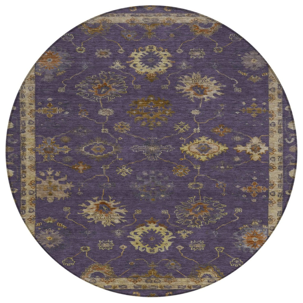 HomeRoots 8' Elegant Eggplant and Gold Floral Area Rug - Washable, Durable for Indoor & Outdoor Use, 96” Diameter 630101