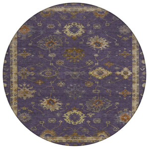HomeRoots 8' Elegant Eggplant and Gold Floral Area Rug - Washable, Durable for Indoor & Outdoor Use, 96” Diameter 630101