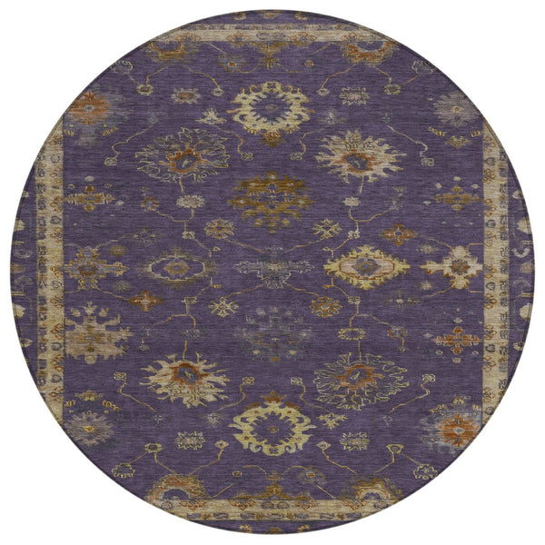 HomeRoots 8' Elegant Eggplant and Gold Floral Area Rug - Washable, Durable for Indoor & Outdoor Use, 96” Diameter 630101