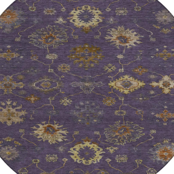 HomeRoots 8' Elegant Eggplant and Gold Floral Area Rug - Washable, Durable for Indoor & Outdoor Use, 96” Diameter 630101