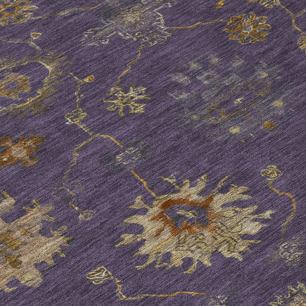 HomeRoots 8' Elegant Eggplant and Gold Floral Area Rug - Washable, Durable for Indoor & Outdoor Use, 96” Diameter 630101