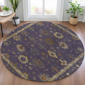 HomeRoots 8' Elegant Eggplant and Gold Floral Area Rug - Washable, Durable for Indoor & Outdoor Use, 96” Diameter 630101