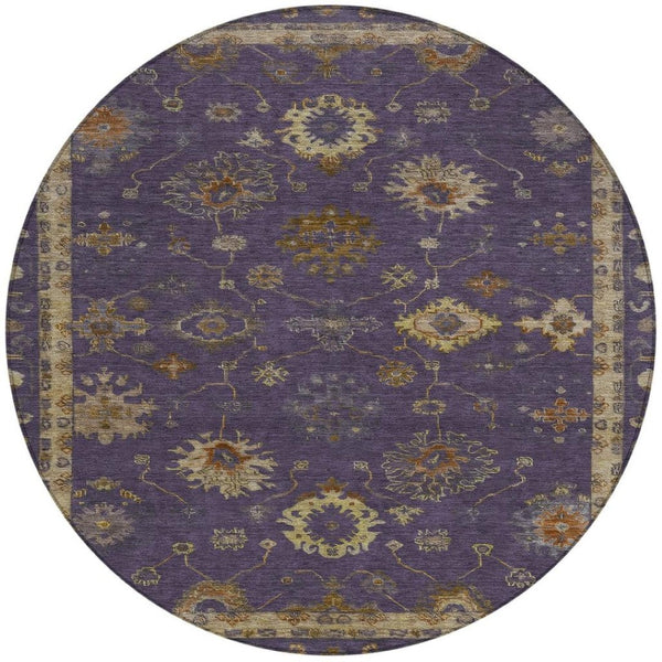 HomeRoots 8' Elegant Eggplant and Gold Floral Area Rug - Washable, Durable for Indoor & Outdoor Use, 96” Diameter 630101