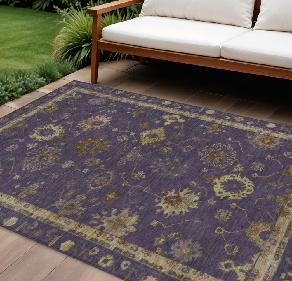 HomeRoots 10' X 14' Eggplant & Gold Floral Area Rug – Washable, Stain-Resistant, Perfect for Indoor & Outdoor Use! 630104