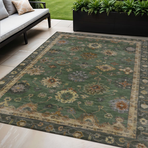 HomeRoots 5' Stylish Fern Green & Gold Floral Washable Area Rug - Perfect for Indoor & Outdoor Spaces! 630106