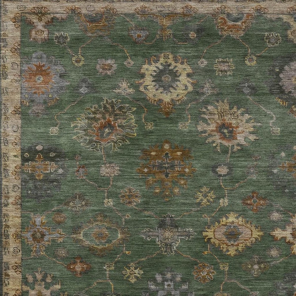 HomeRoots 5' Stylish Fern Green & Gold Floral Washable Area Rug - Perfect for Indoor & Outdoor Spaces! 630106