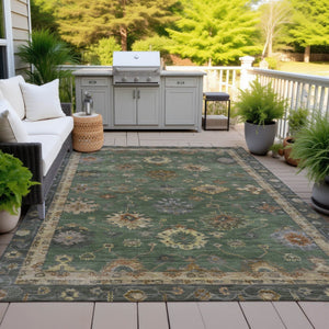 HomeRoots 5' Stylish Fern Green & Gold Floral Washable Area Rug - Perfect for Indoor & Outdoor Spaces! 630106