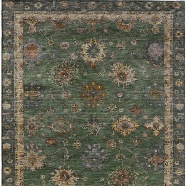 HomeRoots 5' Stylish Fern Green & Gold Floral Washable Area Rug - Perfect for Indoor & Outdoor Spaces! 630106