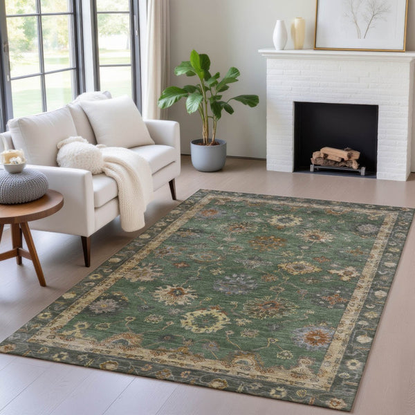 HomeRoots 5' Stylish Fern Green & Gold Floral Washable Area Rug - Perfect for Indoor & Outdoor Spaces! 630106