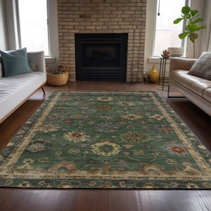 HomeRoots 5' Stylish Fern Green & Gold Floral Washable Area Rug - Perfect for Indoor & Outdoor Spaces! 630106