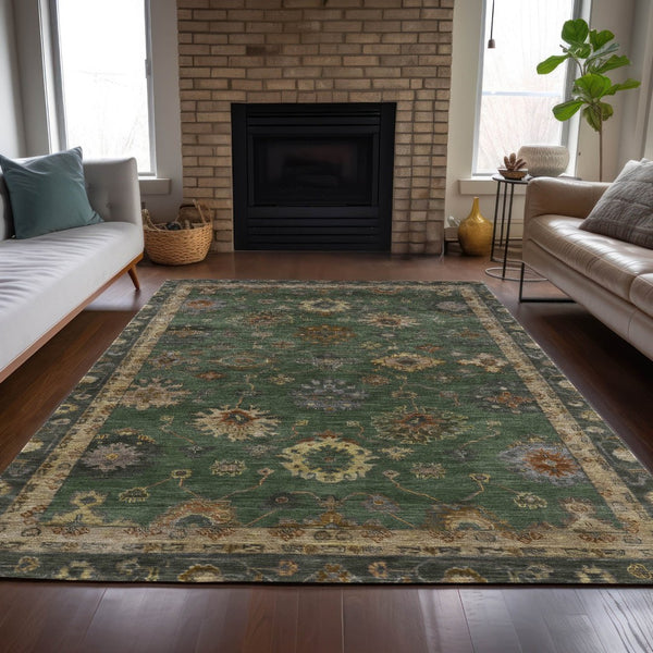 HomeRoots 5' Stylish Fern Green & Gold Floral Washable Area Rug - Perfect for Indoor & Outdoor Spaces! 630106