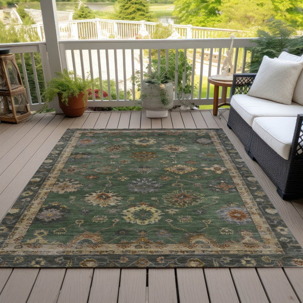 HomeRoots 5' Stylish Fern Green & Gold Floral Washable Area Rug - Perfect for Indoor & Outdoor Spaces! 630106