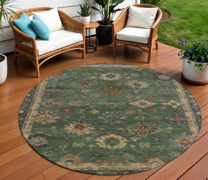 HomeRoots 8' Fern Green and Gold Round Floral Area Rug - Durable, Washable, Stylish for Indoor & Outdoor Use 630107