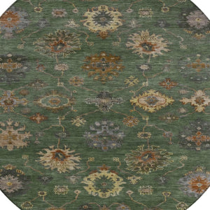 HomeRoots 8' Fern Green and Gold Round Floral Area Rug - Durable, Washable, Stylish for Indoor & Outdoor Use 630107