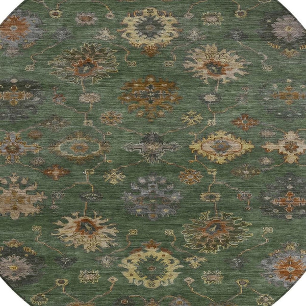 HomeRoots 8' Fern Green and Gold Round Floral Area Rug - Durable, Washable, Stylish for Indoor & Outdoor Use 630107
