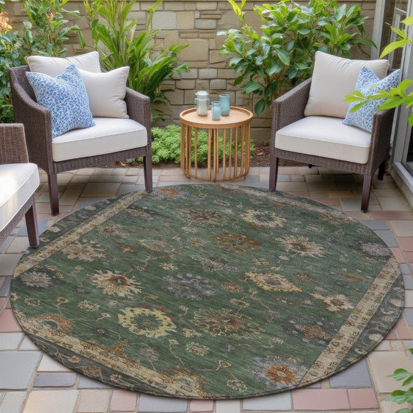 HomeRoots 8' Fern Green and Gold Round Floral Area Rug - Durable, Washable, Stylish for Indoor & Outdoor Use 630107