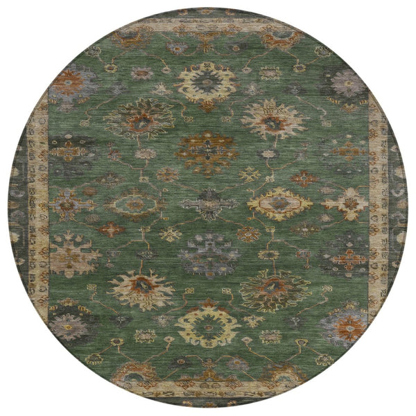 HomeRoots 8' Fern Green and Gold Round Floral Area Rug - Durable, Washable, Stylish for Indoor & Outdoor Use 630107