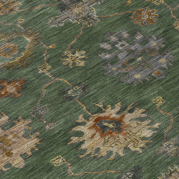 HomeRoots 8' Fern Green and Gold Round Floral Area Rug - Durable, Washable, Stylish for Indoor & Outdoor Use 630107