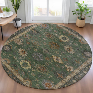 HomeRoots 8' Fern Green and Gold Round Floral Area Rug - Durable, Washable, Stylish for Indoor & Outdoor Use 630107