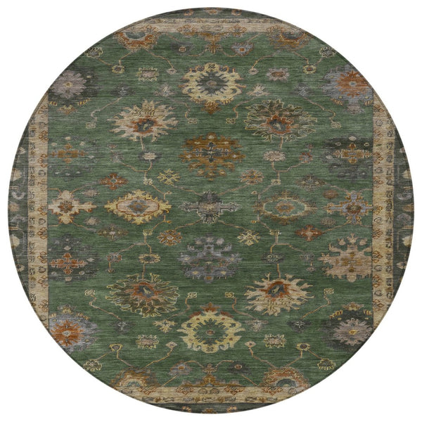 HomeRoots 8' Fern Green and Gold Round Floral Area Rug - Durable, Washable, Stylish for Indoor & Outdoor Use 630107