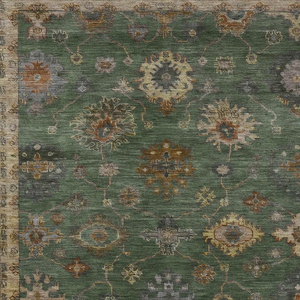 HomeRoots 8' X 10' Floral Patterned Washable Area Rug in Fern Green & Gold - Durable Indoor/Outdoor Use 630108
