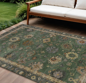 HomeRoots 10' Stylish Fern Green & Gold Floral Washable Area Rug – Durable, Versatile for Indoor & Outdoor Use! 630110