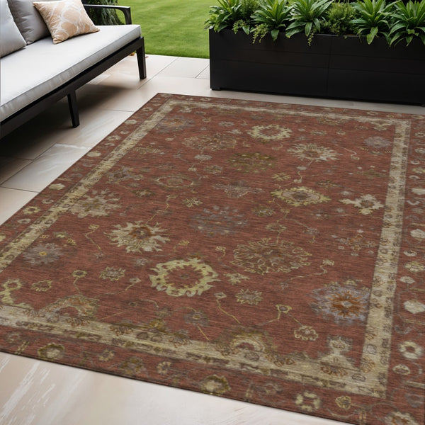 HomeRoots 5' X 8' Elegant Rust and Gold Floral Washable Area Rug for Indoor and Outdoor Spaces – Versatile Design! 630112